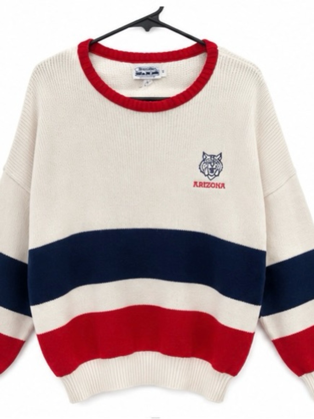 Vintage Arizona Wildcats Striped Knitted Crewneck Sweater - Cream, Navy & Red